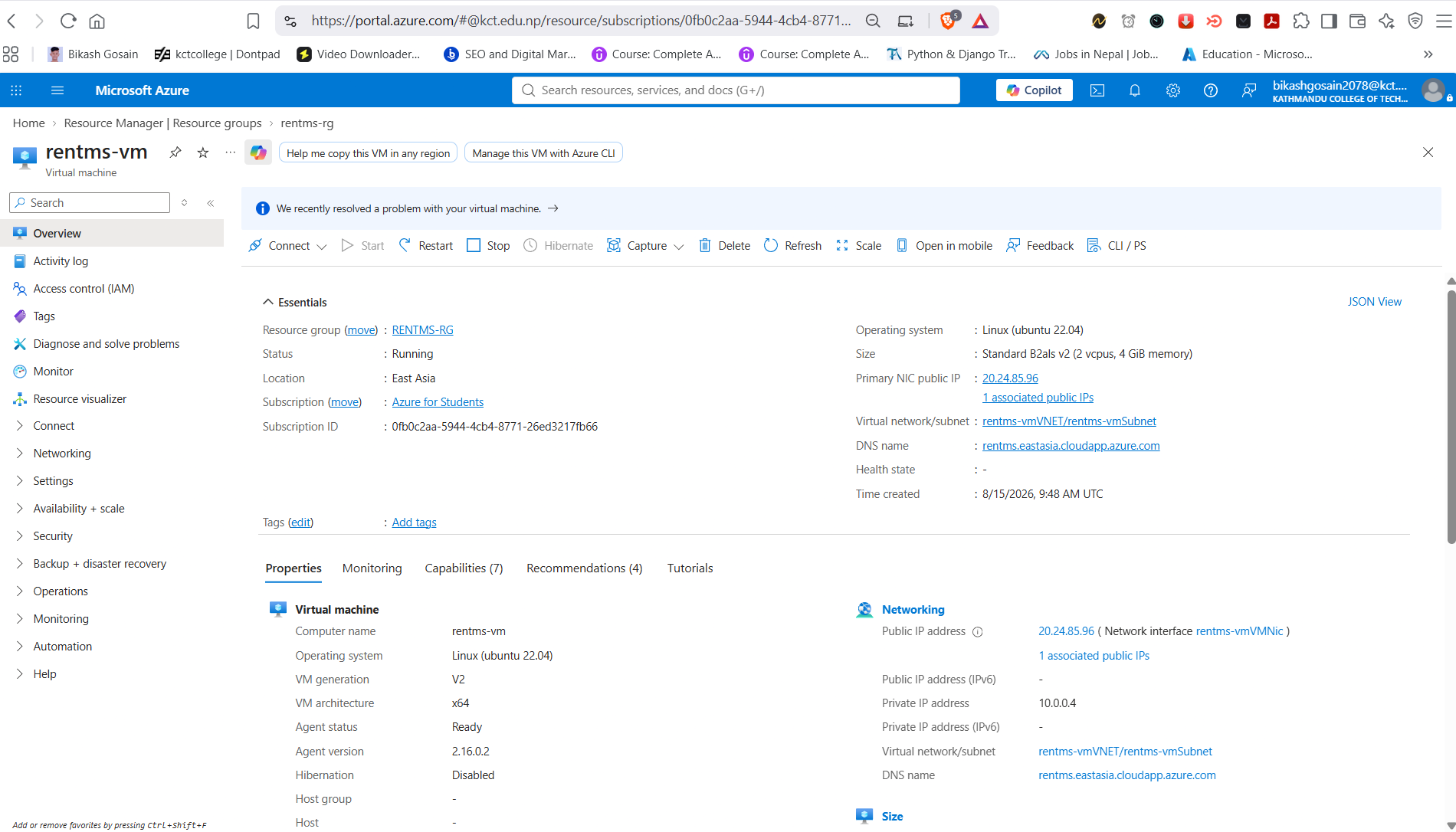 RentMS Azure VM overview